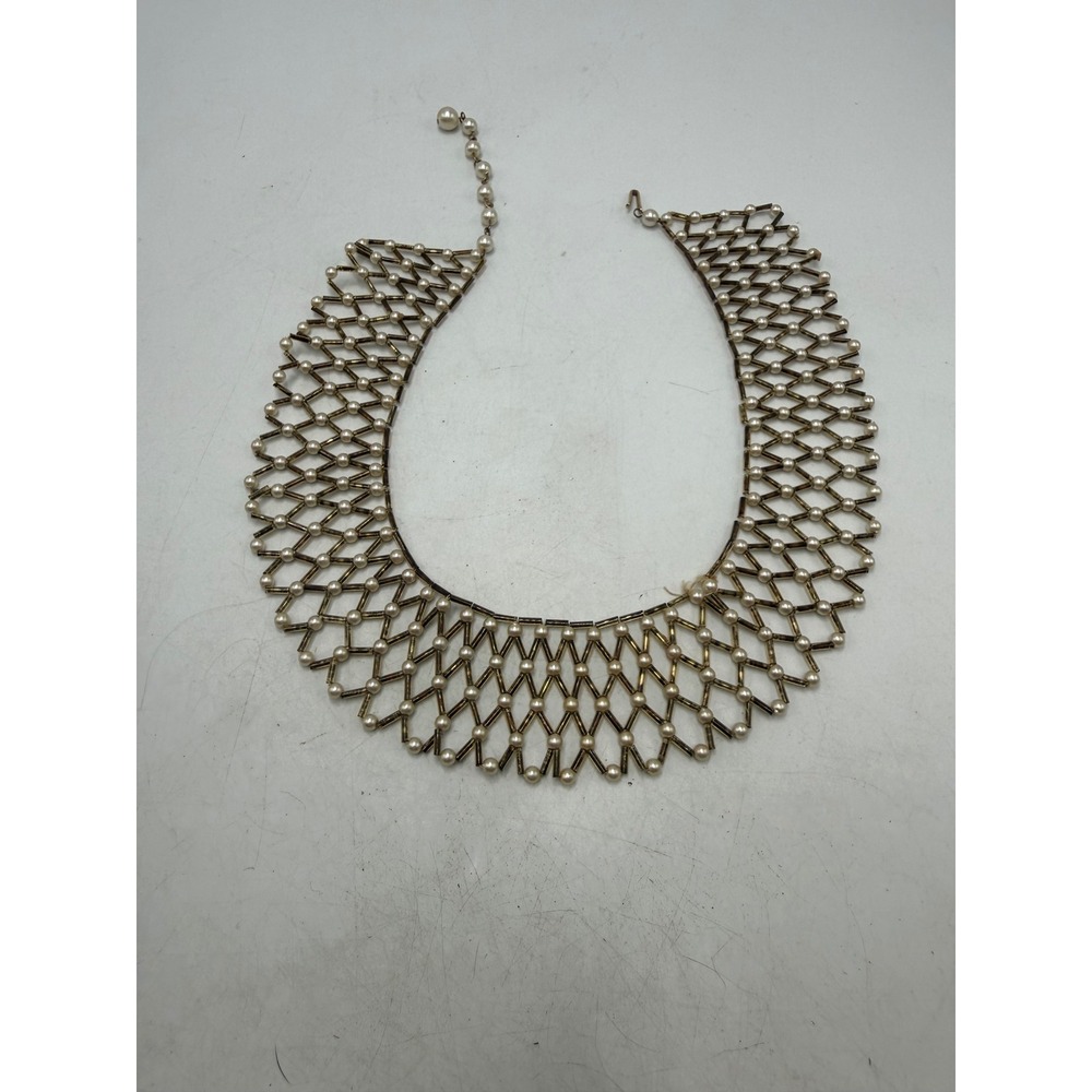Vintage Hong Kong Faux Pearl Gold Tone Bugle Bead Woven Lattice Collar Necklace